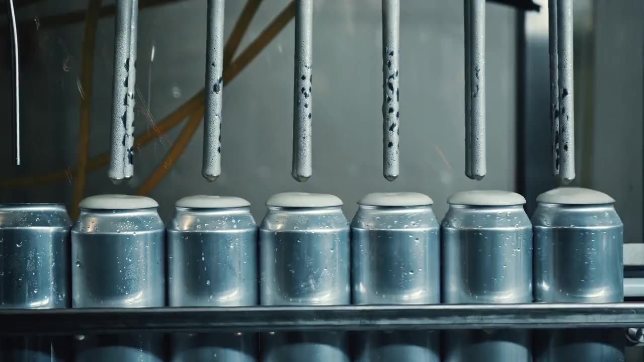 A row of aluminium cans under the filler heads of a canning line, foam rising as they fill